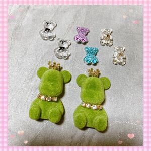 【まとめ売り】クマ ベア パーツ デコパーツ ネイルパーツ 素材 ハンドメイド 緑 グリーン 王冠 クラウン チャーム 送料込み