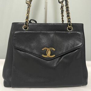 1円 CHANEL シャネル キャビアスキン ココマーク ターンロック チェーン トートバッグ ショルダー ブラック レザー シリアルシール有り