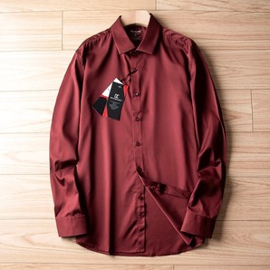 P2810-L 新品DCKMANY■シルク混 長袖シャツ メンズ ノーアイロン 形態安定 ドレスシャツ ワイシャツ 無地 ビジネス シャツ/ワインレッドの画像1