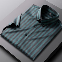 D176-XL新品DCKMANY■ストライプ 半袖シャツ メンズ 縦縞シャツ 形態安定 ノーアイロン カジュアルシャツ シルクのような質感/グリーン_画像2