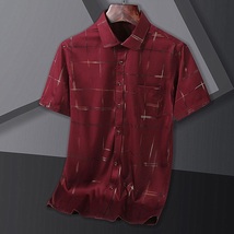 D953-L新品DCKMANY■箔押し 半袖シャツ メンズ ストライプ 格子柄シャツ ノーアイロン 夏 薄手シャツ シルクのような質感/ワインレッド_画像1