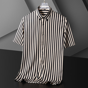 D175-3XL新品DCKMANY■ストライプ 半袖シャツ メンズ 縦縞シャツ 形態安定 ノーアイロン カジュアルシャツ シルクのような質感/クリーム色