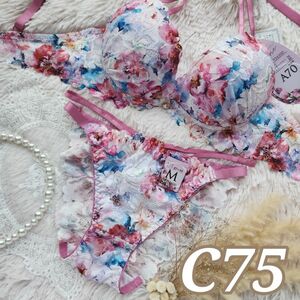 №621【C75】ビビットレーシィフラワーガーデンブラジャー&フルバックショーツ