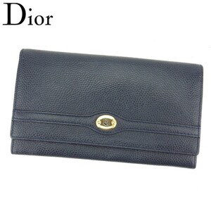  Dior длинный кошелек камыш . застежка-молния имеется кошелек женский Logo plate темно-синий Gold б/у 