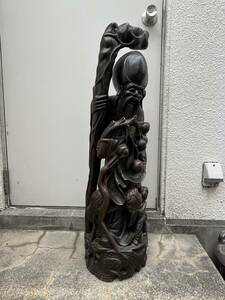 特大 一刀彫り 【寿老人 高さ92cm】 縁起物 長寿 お祝い 飾り 彫刻品 美術品 木彫り 無垢 木製 工芸品 中古