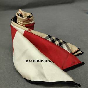 060321 260702 BURBERRY　バーバリー　ノバチェック　ベージュ系×レッド系×ホワイト系　ハンカチ　スカーフ　生活雑貨　服飾小物　USED品