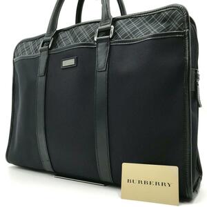 美品●バーバリーブラックレーベル BURBERRY BLACK LABEL ビジネスバッグ ブリーフケース A4可 チェック レザー ブラック 黒 書類鞄 カバン