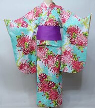 二尺袖着物 単品 仕立て上がり 合繊 百花斉放 乱菊 ミントグリーン 卒業式 新品（株）安田屋 NO31363-4_画像1