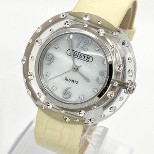 美品 ABISTE 腕時計 クリアベゼル ストーン ラウンド 3針 クォーツ quartz シェル シルバー イエロー 銀 黄 アビステ Y670