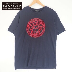 Versace ヴェルサーチ A89287 メデューサ刺繍 クルーネック Tシャツ トップス ２XL ネイビー／レッド メンズ