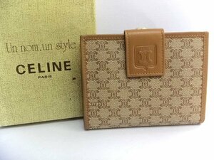 未使用☆CELINE/セリーヌ☆マカダム柄 二折財布 ウォレット PVC×レザー ブラウン系 がま口 トリオンフ イタリア製 ヴィンテージ 美品　