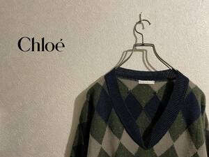 ◯ イタリア製 Chloe カシミア ブレンド ドロップショルダー バイアスチェック ニット / クロエ アーガイル ダイヤ XS Ladies #Sirchive