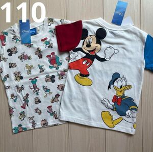 【Disney】ディズニー 総柄☆ミッキー・ドナルド袖切り替え キャラクター Tシャツ 2点セット 110