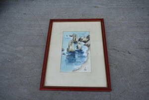 Art hand Auction Qm140 風景画 海辺 海 木製額 骨董 古玩 古道具 絵画 縦40.5cm 横31.5cm 80サイズ, 絵画, 油彩, 自然, 風景画