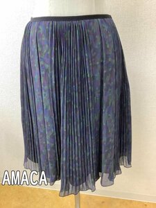 AMACA アマカ 寒色系柄 変わりプリーツスカート シルクタッチ サイズ38