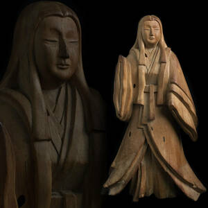 ut25/46 東洋彫刻美術 木彫 和服 女性像 高さ44.5cm 置物 飾り物 人物 像 和服 日本人形 木彫り彫刻 着物姿の女性 和装◆