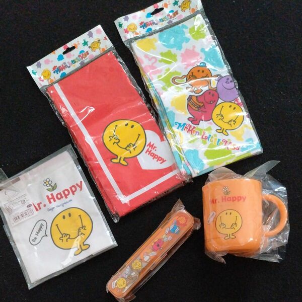 新品未使用未開封 Mr.Men LittleMiss プラコップ＆ケース入フォーク＆カップ袋＆ランチクロス2種類 ⑤点セット レア