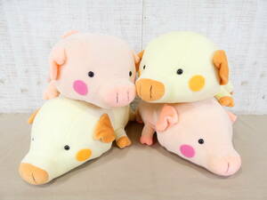 ◎ジャンク モリリン㈱ ぬいぐるみ ブタ/子豚 4体セット まとめて 寝そべり 全長35cm/全高17cm ピンク/イエロー 汚れあり 詳細不明 ＠120