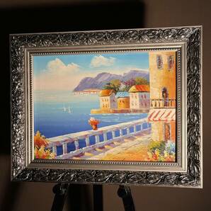 手書き油絵 地中海の風景 額付き インテリア 油彩画