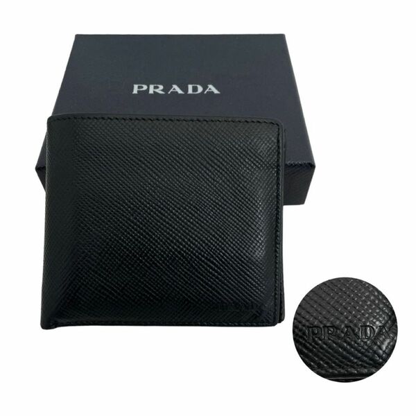 【箱付き】　プラダ　財布 二つ折り財布　レザー　黒　ロゴ刻印