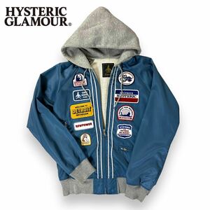 【美品】HYSTERIC GLAMOUR ヒステリックグラマー ワッペン フーデッド レーシング ナイロン ジャケット パーカー グレー ブルー Mサイズ