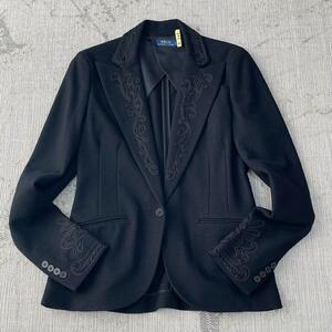 ポロラルフローレン ラペル装飾 ウールテーラードジャケット ブラック サイズ6