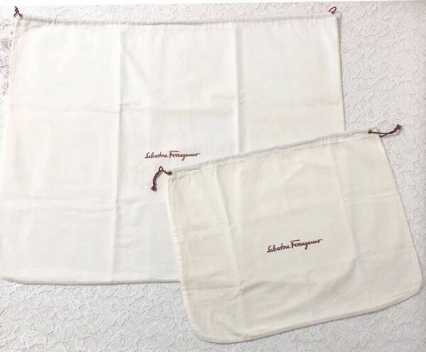 サルヴァトーレ・フェラガモ「Salvatore Ferragamo」バッグ保存袋 旧型 2枚組 (3775) 正規品 付属品 内袋 布袋 巾着袋 ホワイト 当時品
