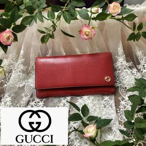 美品●GUCCI ● グッチ インターロック GG ロングウォレット 財布 赤 二つ折 長財布 レッド レディース