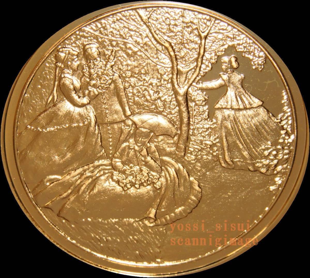 罕见限量版法国造币厂画家克劳德·莫奈绘画《花园里的女人》莫奈浮雕纯金饰面纯银银牌硬币匾, 金属工艺品, 银制的, 其他的
