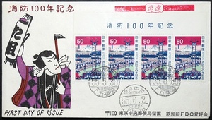 FDC　消防100年記念　東京門司間上五・東浜　鉄郵印FDC愛好会版　実逓