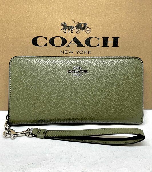 COACH コーチ　ストラップ付き　長財布　モスグリーン