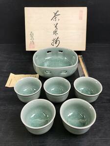 湘/瀬戸焼/茶菓揃え/湯呑5客/菓子鉢セット/箸付き/貫入陶器/青緑/貫入釉/共箱付き/説明書付/2.16-120 MO