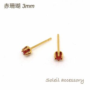 307【赤珊瑚】天然石一粒ピアス＊3mm