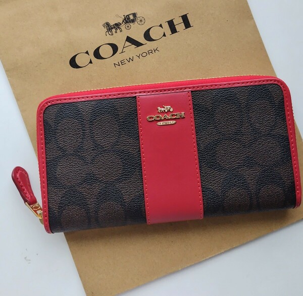 【新品】COACH コーチ 長財布 シグネチャー ライトカーキ　ブラウンレッド