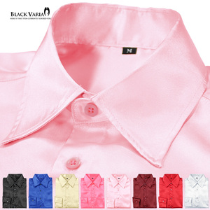 ネコポス可★141405-pk2 BLACK VARIA 光沢サテン 無地 スリム レギュラーカラードレスシャツ メンズ(ライトピンク) S 衣装