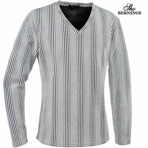 370723-02 Bernings sho Tシャツ 長袖 Vネック ストライプ柄 ジャガード シンプル ロンT mens メンズ(ホワイト白×ブラック黒) XL
