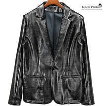 3#201250-bk BLACK VARIA PUレザー クロコダイル柄 1釦 ノッチドラペル テーラードジャケット メンズ(ブラック黒) M 合皮 型押し 裏地なし_画像6