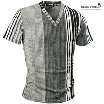 9#203303-bk BLACK VARIA ジャガード アシメ配色ストライプ 半袖 Vネック Tシャツ メンズ(ホワイト白ブラック黒) XL スリム 日本製 きれい_画像1
