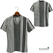 9#203303-bk BLACK VARIA ジャガード アシメ配色ストライプ 半袖 Vネック Tシャツ メンズ(ホワイト白ブラック黒) L スリム 日本製 きれいめ_画像6