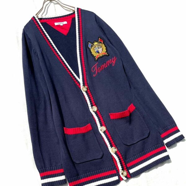 プレッピー ニットカーディガン ロング ネイビー レッド ホワイト カレッジ カーディガン ワッペン ロゴ コットン TOMMY 