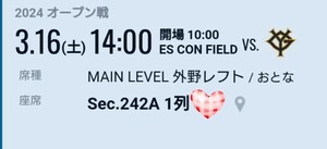 【3/16 外野最前列Ｂ】 エスコンフィールド北海道 外野レフト 最前列 2枚連番 日本ハムファイターズ VS 読売ジャイアンツ