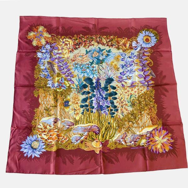 HERMES エルメス カレ90 スカーフ L’Ile Deserte 無人島 スカーフ　柄　花柄 Silk Scarf 90 シルク　ボルドー