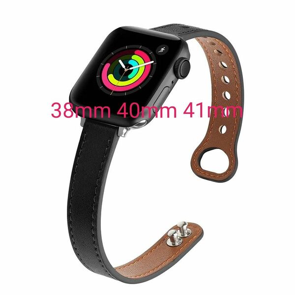 Apple watch アップルウォッチ用 バンド ベルト スリムス 皮 レザー 38 40 41mm対応 ブラック