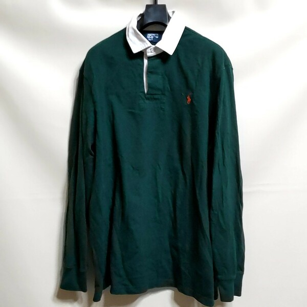 D4 POLO RALPH LAUREN ポロ ラルフローレン L 緑色 長袖 ラガーシャツ ポロシャツ ラグビー シャツ ビンテージ アメリカ 古着 90s メンズ