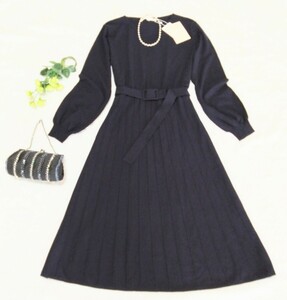  Natural Beauty! regular price 26,000 jpy knitted One-piece navy series size inscription 38 V neck skirt part pleat manner tag attaching unused 