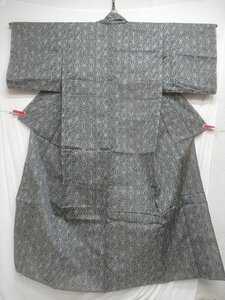 M2047 ウール 紬 麻の葉文 単衣 着物 身丈157cm-裄63cm