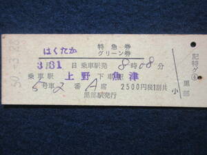 3)鉄道硬券切符・座席指定券・はくたか『乗車駅 上野　下車駅 魚津　50.3.28』　検電車汽車　黒部駅発行