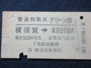 78)鉄道硬券切符・グリーン券　『横須賀より東京山手線ゆき　47.11』　検電車汽車列車　横須賀駅発行