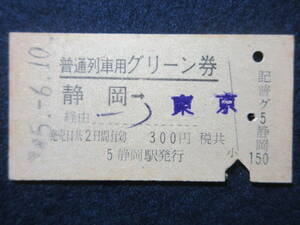 82)鉄道硬券切符・グリーン券　『静岡より東京ゆき　〇5.6.10』　検電車汽車列車　静岡駅発行