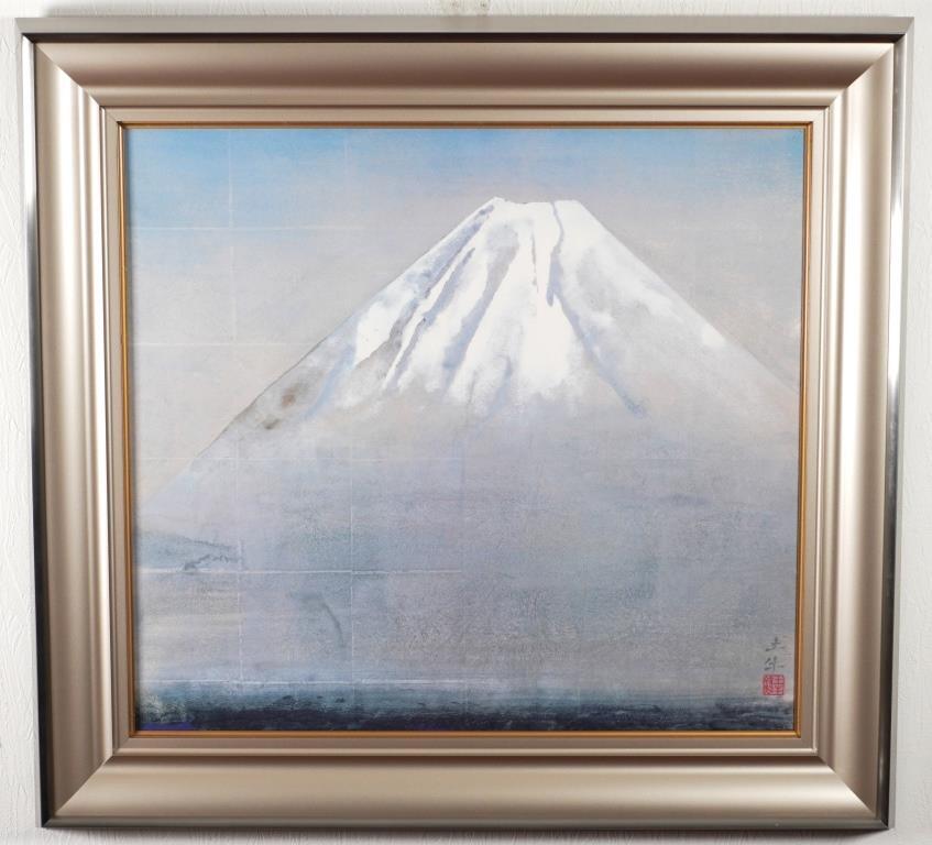 奥村土牛『精進湖 富士山』◆岩絵具式工芸画12号◆版上サイン, 監修シール有◆大型!日本画巨匠!額装, 絵画, 油彩, 自然, 風景画